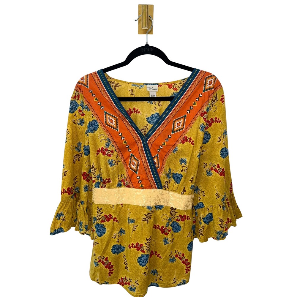 Venezia Boho Blouse Floral Geometric V-Neck Bell Sleeve Mustard Yellow 18/20